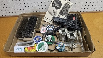 Box Of Soldering Irons (one Is Weller D 550). Includes Spools Of Solder And Wire Brushes.