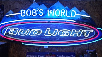 Very Large Collectible Bud Light Neon Sign: Bobs World Bud Light With Rocky Mountains