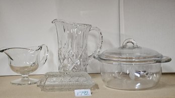 Lovely Glass Ensemble Including Pitcher, Large Bowl With Lid, Gravy Dish, And Butter Dish