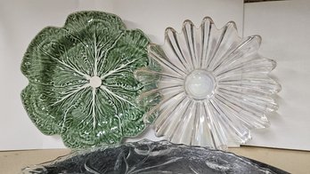 Set Of Three Glass Serving Trays Including A Beautiful Cabbage Motif Platter Plus One Large Plastic Platter