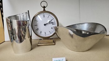 Beautiful Vintage Tableware By Nambe': Spiral Wine Chiller And Butterfly Bowl Plus Vintage Clock