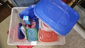 Tub Full Of Miscellaneous Storage Containers With Lids Plus Barbecue Skewers