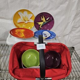 Collection Of Beautiful Kitchenware: Bowls And Plates Plus A Lovely Red Nylon Picnic Basket