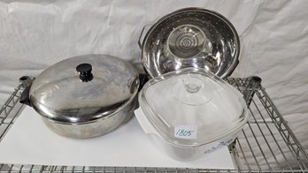 Desirable Revere Ware Saute Pan With Lid & Large Pyrex Baking Dish With Lid. Includes Colander!