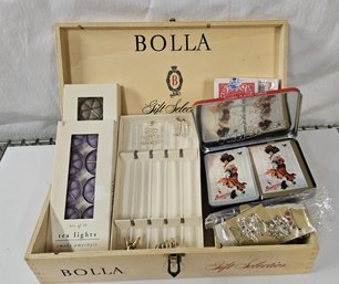 Wooden Bolla Wine Gift Box With A Selection Of Festive Christmas Drink Stirs, Tea Lights, And Anheuser Cards