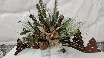 Lovely Holiday Sprig In Birch Bark Basket Plus Decorative Rustic Metal Shelfware With Laser Cut Xmas Trees