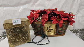 Unique Light-up Holiday Box Filled With Pine Cones Plus A Greenery Basket With Faux Poinsettias