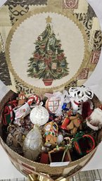 Christmas Hat Box Filled With Whimsical Christmas Ornaments: Santas, Bears, Snowmen And More