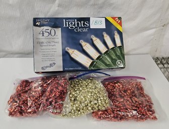 New In Box: 450 Count Mini Lights 114 Feet Plus 3 Bags Of Vivid Christmas Tree Beaded Garlands