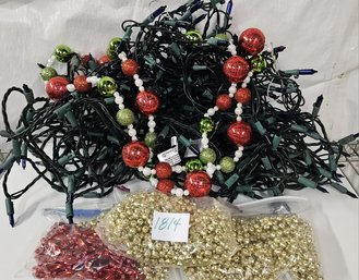 Three Sets Of Blue Christmas Lights Plus Unique Multi-bead Garland And Gold/red Tree Garlands