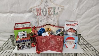 Noel And Other Xmas Boxes Filled With Festive Glass Christmas Ornaments, Bells And Lots Of Small Gift Boxes