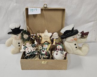 Darling Box Filled With Handmade Christmas Ornaments - Top Of Box Features 3 Felt Snowmen And A Cute Bird