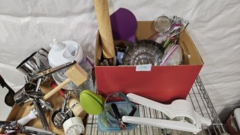 Large Box Of Various High End Kitchen Utensils: 4 Pampered Chef Glass Measuring Dishes, Zeiss Ice Cream Scoop