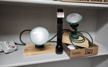 Large 12' Maglite Plus Two Flood Lights On A Base With A Timers