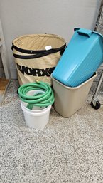 Lot Of 3 Small Hoses, Trash Cans, Pop Up Yard Waste Container And More