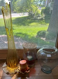 Set Of Three Retro Vases And One Ceramic Candle Holder (with Candle) In An Autumn Leaf Motif