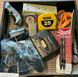 Xacto Knife Tool, Scissors, Panasonic Cassette Player, Tape Measures, Sharpie Gel Pens