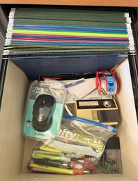 Drawer-full Of Office Supplies Including Brand New Wireless Mouse And Electric Pencil Sharpener