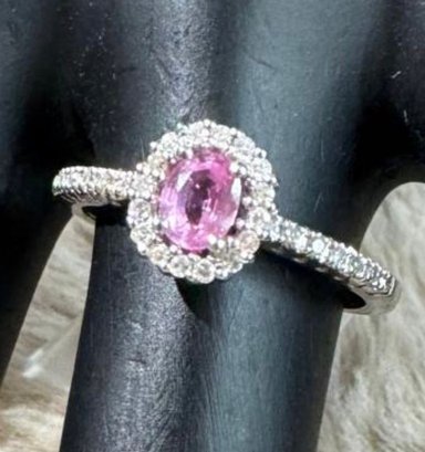 14K SOLID WHITE GOLD PINK SAPPHIRE &  DIAMOND RING