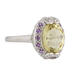 14K SOLID WHITE GOLD AMETHYST CITRINE  & DIAMOND COCKTAIL RING SIZE 7