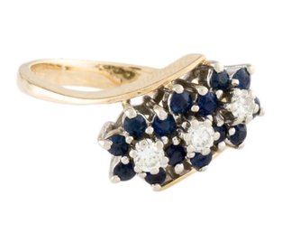 STUNNING 14K SAPPHIRE & DIAMOND 3 FLOWER RING