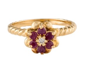 RARE 14K RUBY DIAMOND FLOWER RING