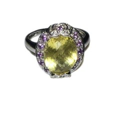 14K SOLID WHITE GOLD AMETHYST CITRINE & DIAMOND COCKTAIL RING SIZE 7