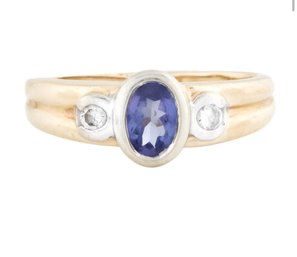 14K SOLID GOLD TANZANITE & DIAMOND 3 STONE RING