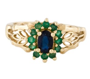 STUNNING 14K SOLID YELLOW GOLD SAPPHIRE & EMERALD RING