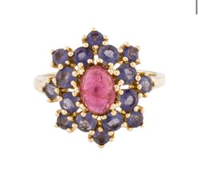 RARE 14K SOLID GOLD TOURMALINE AND  IOLITE RING
