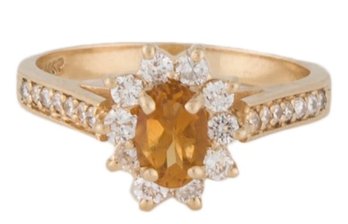 GORGEOUS 14K SOLID GOLD CITRINE AND DIAMOND RING SIZE 5.75