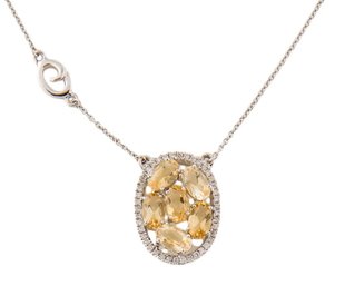 STUNNING 18K SOLID WHITE GOLD CITRINE PENDANT WITH DIAMONDS