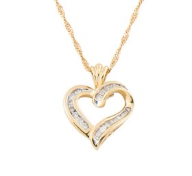14K SOLID YELLOW GOLD BAGUETTE DIAMOND HEART NECKLACE