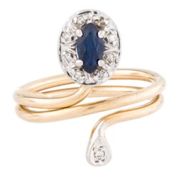 14K GOLD BLUE SAPPHIRE & DIAMOND SWIRL RING