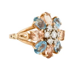 GORGEOUS 14K AQUAMARINE, DIAMOND & TOPAZ RING