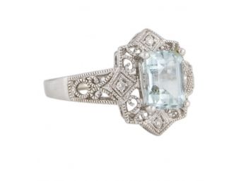 14K SOLID GOLD AQUAMARINE DIAMOND RING Size 6.75