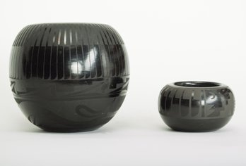 Two Black On Black Puebloan Vases, Marvin & Frances Martinez, Merton & Linda Sisneros