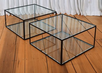 Two Vintage Square Metal And Glass Coffee Tables