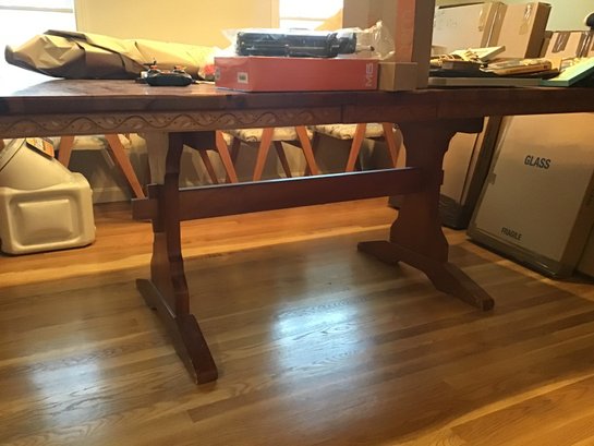 Carved Pine Extension Dining Table With Trestle Base With 2 Leaves