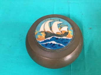 Vintage Copper And Enameled Covered Jar With A Nordic Ship