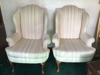 Pair Cream Upholstered Wingback Chairs By Sherril