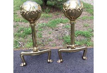 IMPORTANT Pair Solid Brass Fireplace Andirons Globe Flame Ball Finials Claw Feet