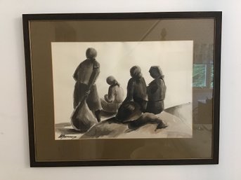 Signed Watercolor Four Women On A Shore