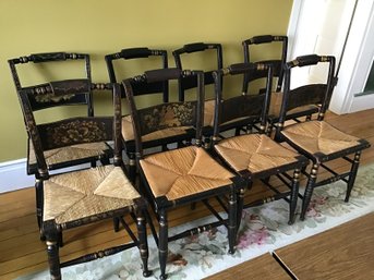 8 Black Fancy Stencil Painted Dining Chairs