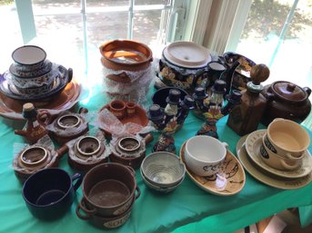 Large Table Lot Of Mexican And Kitchen Pottery