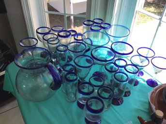 Large Table Lot Of Cobalt Rim Glassware