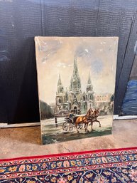 VINTAGE PAINTING HORSE AND CARRIAGE IN FRONT OF CHURCH