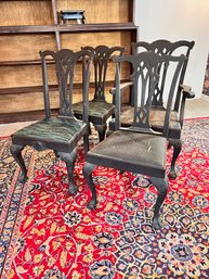 1900s CHIPPENDALE SET OF 4 CHAIRS CARVED BALL CLAW FEET