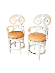 PAIR OF CONTEMPORARY SWIVEL BARSTOOLS W LEATHER SEATS BY FRONTGATE