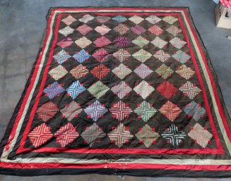 Two Wool Log Cabin Pattern Quilts, Both With Wool Losses. The First A Very Graphic Log Cabin Quilt, All Hand S